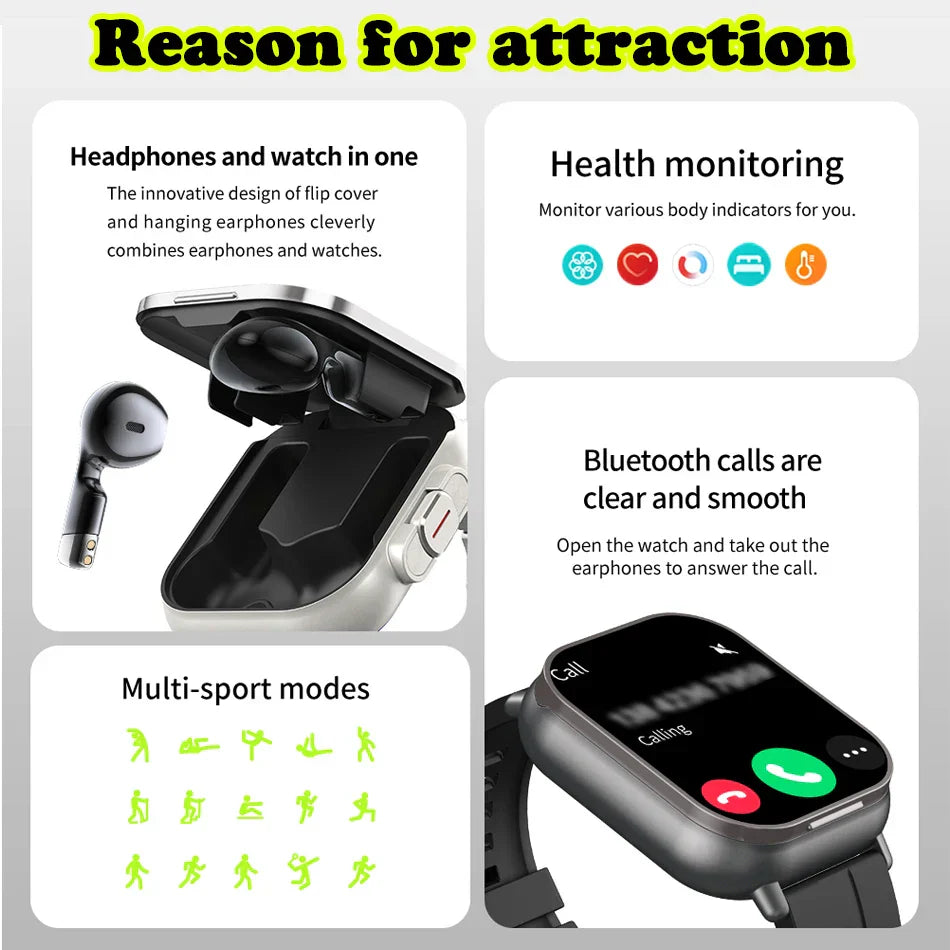 NNEOBA 2-in-1 Smartwatch mit integrierten Bluetooth-Earphones – Fitness Tracker, Herzfrequenz, Schlafmonitor & Musiksteuerung
